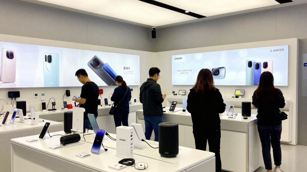 アンカーストアの明るい店内、多くの電子製品が並ぶ