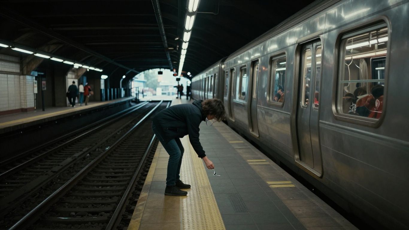 線路に侵入しイヤホンを拾う人物、地下鉄運行停止